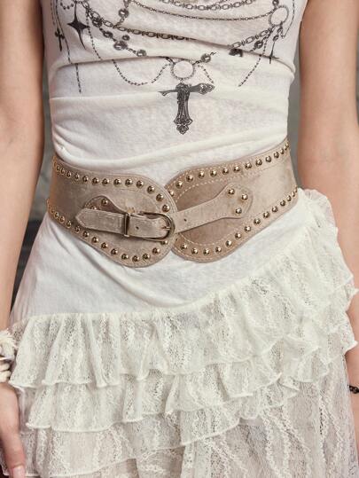 Grunge Punk 1pc Punk Style Round Rivet Asymmetrical Waist Belt, Y2K Retro Fashion Minimalist Metal Buckle Waist Band, Stylish Decorative Accessory Belt