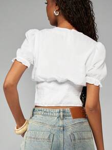 MISSGUIDED Puff Sleeve Shirred Waist Blouse Short Sleeve Summer Spring Casual Crop Top With Smocked Elastic Waistband Victorian Style - White - View 2