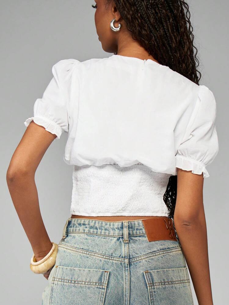 MISSGUIDED Bluzka z bufiastymi rękawami i marszczonym stanem, krótki rękaw, letnia wiosna, swobodny top z marszczonym elastycznym pasem w stylu wiktoriańskim