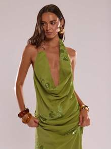 SHEIN BAE Women's Summer Green Flowers Gorgeous Sequins Plunging Neckline Sexy Fashion Halter Elegant Tops,Birthday,Vacay, Gorgeous Top - Green - View 5