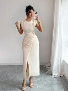 Rafferiza Váy dài đến bắp chân xếp ly kiểu Pháp thanh lịch dành cho nữ, mùa hè - Màu be - Xem 3