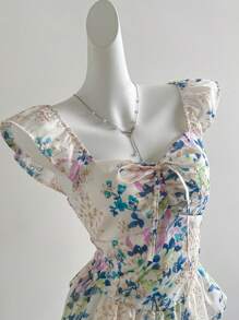 Sweetra 女士夏季方领刺绣镂空花卉无袖荷叶边下摆蝴蝶结衬衫 - 白色 - 查看 5