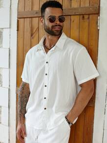 ResortEase بدلة رجالية كاجوال بقميص كم قصير أزرار أمامية وبنطلون كارجو لون أحادي المقاس الكبير