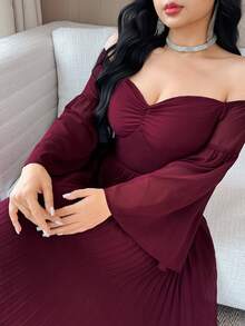 Feyla 女式纯色单肩喇叭袖褶边优雅中长连衣裙 - 紅色 - 查看 3