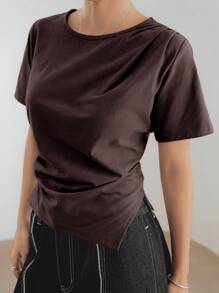 Dazy-Less Áo thun nữ tay ngắn đơn giản màu trơn thường ngày công sở không đối xứng xếp ly xẻ tà bên hông thời trang học sinh - Màu nâu Sô-cô-la - Xem 6