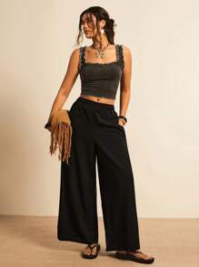 Freevana 大码白色纹理面料休闲阔腿裤，带口袋，适合海岛度假、情人节 - 黑色 - 查看 5