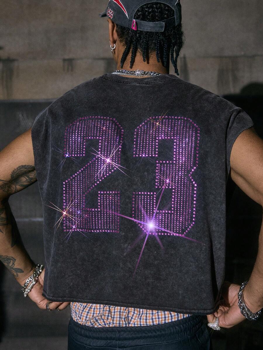 AXEPEAK 圆领数字印花宽松男式背心 - 黑色 - 查看 1