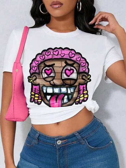 SHEIN EZwear 女式休闲 Y2K 复古奇特卡通印花圆领短袖 T 恤