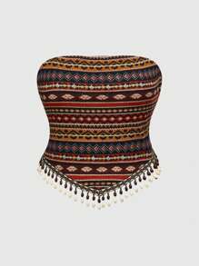 ROMWE Hippie Plus Size Women's Vintage Hippie Western Style Cowgirl Music Festival Transparent Beaded Fringe Hem Geometric Print Bohemian Cropped Tube Top Summer