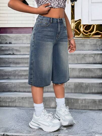 SHEIN Tween Girl Bermuda Loose Washed Casual Distressed Hem Denim Long Shorts With Raw Hem, Casual Fashionable Frayed Wide Leg Denim Shorts, Girls Summer Boho Beach Vacation Concert Rave , Baggy Jean Shorts, Y2k Jean Shorts, Teen Girl Jean Shorts, Washed Denim Shorts, Long Jean Shorts
