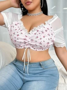 SHEIN Plus Size Women Non-Wired Ditsy Floral Colorblock Short Sleeve Bralette - Pink - View 5