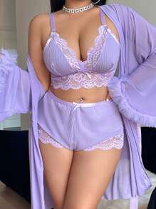 Seduluxe 3 件套：蕾丝边性感吊带短裤 + 花卉蕾丝宽袖网眼长袍，加大码 - 淡紫色 - 查看 3