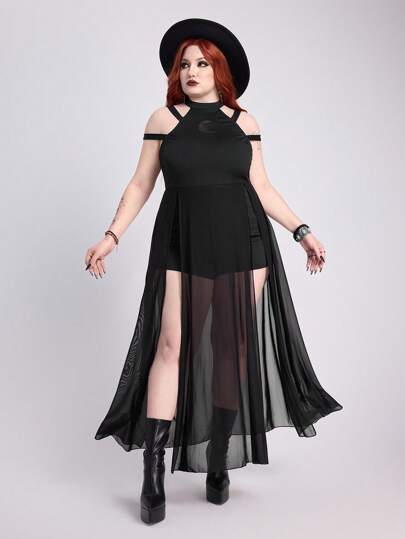 Goth 1 pieza Vestido de mujer talla grande con hombros descubiertos, diseño calado de media luna gótica y estilo patchwork oscuro