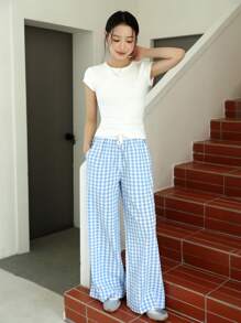 少女格子腰带口袋宽松直筒裤 - 藍色 - 查看 3