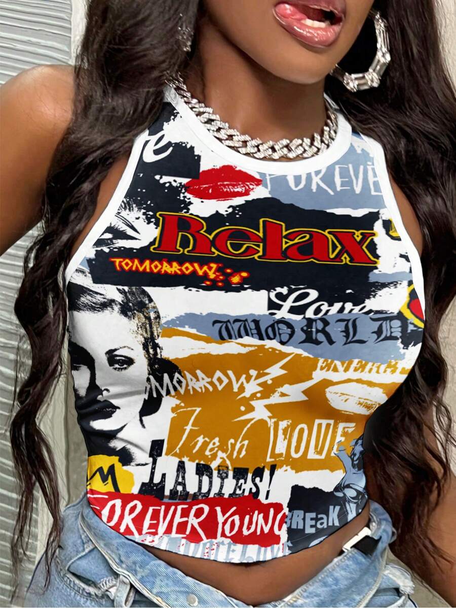 Slaydiva 女士休闲字母印花圆领紧身背心，适合夏季