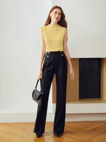 MOTF PREMIUM WOMEN'S KNITTED JACQUARD TEXTURED FABRIC FUNNEL NECK TANK TOP - Yellow - View 6