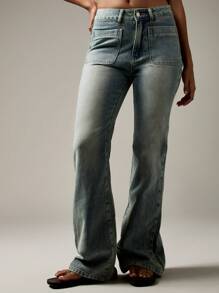 MISSGUIDED Quần Jeans Ống Loe Cạp Cao Phong Cách Y2K Retro Vintage Wash Quần Jeans Thời Trang Thu Đông - Rửa nhẹ - Xem 1