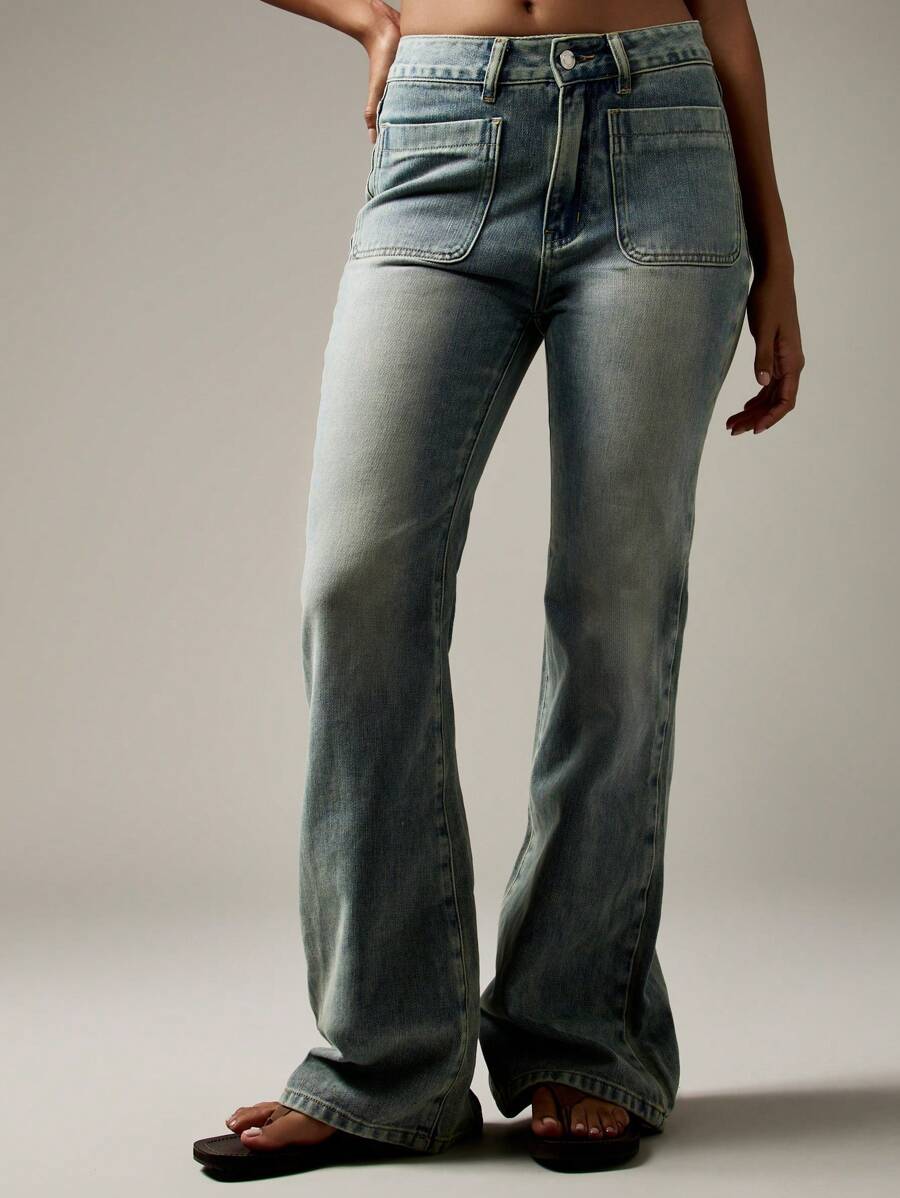 MISSGUIDED Quần Jeans Ống Loe Cạp Cao Phong Cách Y2K Retro Vintage Wash Quần Jeans Thời Trang Thu Đông - Rửa nhẹ - Xem 1