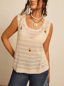 SHEIN VCAY Plus Size Women Floral Patched Sleeveless Casual Crochet Top Sheer Top Ibiza Butter Yellow See Through Top Scoop Neck Summer Beach Vacation Beach Boho Rave Country Concert Festival Brunch Beach Vacation Graduation Old Money Cute Summer Tops Going Out Tops Women Summer Bottoms Concert Tops - Apricot - View 3