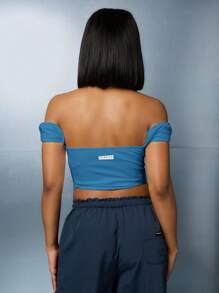 SUMWON WOMEN Bardot Corset Baller Crop Top Off Shoulder Sports Team Number Varsity Cheerleader Style Summer Spring Festival Streetwear Y2K Fashion