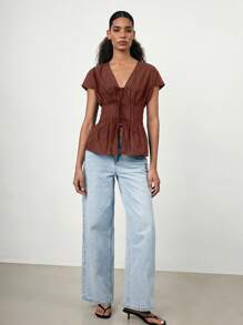 Maija Spring/Summer New V-Neck Front Tie Bow Waist Pleated Shoulder Puff Sleeve Women Shirt, Coffee Brown, Elegant For Carnival, Party, Valentine's Day - Burgundy - View 6