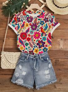 INAWLY Vacation Rustic Style Colorful Vintage Floral Print Round Neck Casual T-Shirt For Spring And Summer - Khaki - View 5