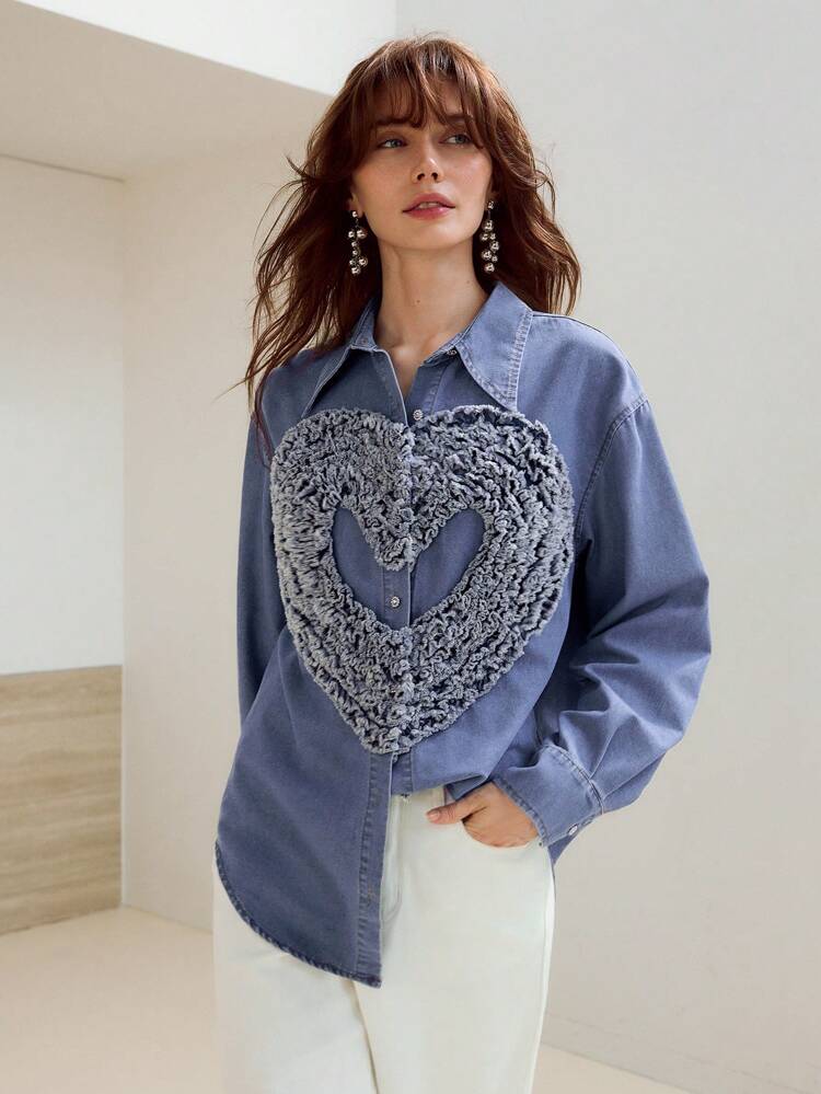 RAW EDGE HEART PATTERN DROP SHOULDER OVERSIZE DENIM SHIRT