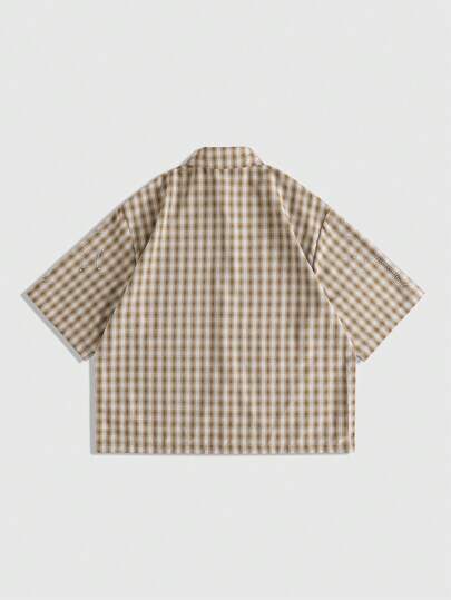 Street Life Chemise casual à manches courtes pour homme avec graphique de château à carreaux, coupe boîte