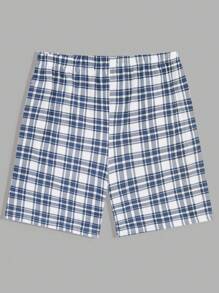 RueChic 男式棉质格子印花室内三件套常规T恤+短裤+长裤家居服套装 - 藏蓝色 - 查看 11