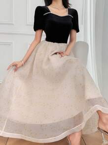 DAZY Vestido de mangas abullonadas con cuello en forma de corazón y diseño de patchwork, para primavera/verano - Negro - Ver 6