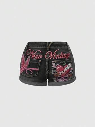 Fairycore Y2K Vintage sexy zerstörte Denim-Shorts für Frauen mit Schmetterling- und Totenkopf-Stickerei, tiefer Taille, Sommer