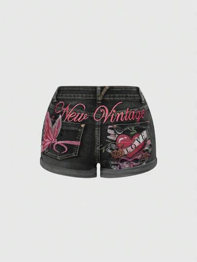 Fairycore Shorts vaqueros con estilo vintage Y2K, con diseño bordado de mariposa y calavera, cintura baja y sexy, para mujer, para el verano