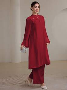 Graceveil 2pcs/Set Women Elegant Stand Collar Ruffle Cuff Long Sleeve Set Modest Fall Cloth For Women - Burgundy - View 7