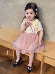 Dazy Kids 2件組女嬰休閒荷葉邊圓領短袖T恤與網紗裙套裝 - 粉色 - 查看 5
