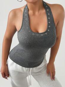 DAZY Top de tirantes con escote halter con decoración de remaches para mujer, ideal para verano y uso al aire libre - Gris - Ver 7