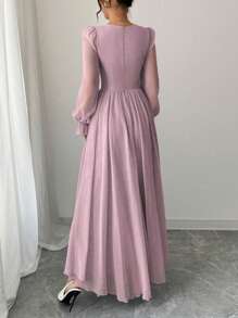 Modelyn Váy tay đèn lồng dây chéo màu trơn thanh lịch của Pháp - Hồng - Xem 2