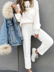 SHEIN LUNE 2pcs/Set Women's Round Neck Long Sleeve Letter Print Casual Top And Long Pants - White - View 3