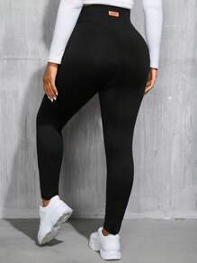 SHEIN Tall CURVE 大码女式春秋休闲运动高腰高弹力舒适黑色修身紧身裤，女式下装，街头服饰，曲线裤，基本款裤子，秋季，Y2k 裤子 - 黑色 - 查看 5