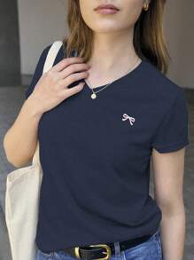 Jouncy Women's Casual Bowknot Print Short Sleeve T-Shirt, Summer - Royal Blue - View 1