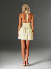 SHEIN Unity Women's Vacation Drawstring Waist Sexy Mini Halter Dress - Light Yellow - View 2