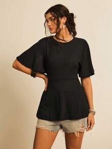 Freevana Plus Waffle Knit Butterfly Sleeve Peplum Tee - Black - View 3