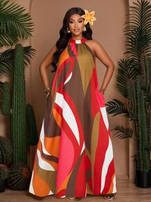 SOLERSUN Plus Size Women's Spring And Summer Loose Casual Printed Sleeveless Back Neck Tie Drawstring A-Line Dress, Summer Dress, Beach Vacation Long Dress (With Side Pockets) - Orange - View 5