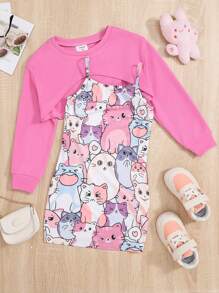 SHEIN 女小童卡通圖案吊帶連衣裙和前短後長T恤