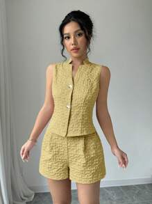 Elenzga 2pcs/Set Women Solid Color Jacquard Sleeveless Shirt And Loose Shorts, Summer