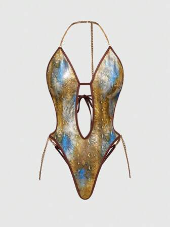 ROMWE Avant Fashionable Snakeskin Pattern Sexy Women's Metallic Chain Jumpsuit