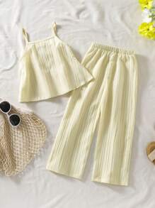 SHEIN Elladie kids طقم صيفي للفتيات الصغيرات يتكون من قميص كامي بتصميم كشكش وبنطال، طقم صيفي كاجوال للفتيات الصغيرات، طقم صيفي من قطعتين للفتيات، طقم قميص كامي بتصميم كشكش وبنطال واسع للساق، طقم صيفي باللون الأصفر من قطعتين للفتيات الصغيرات، طقم أصفر من قطعتين للفتيات المراهقات، طقم قميص كامي وبنطال واسع للساق للفتيات الصغيرات - بيج - مشاهدة 2