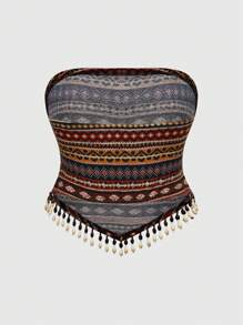 ROMWE Hippie Plus Size Women's Vintage Hippie Western Style Cowgirl Music Festival Transparent Beaded Fringe Hem Geometric Print Bohemian Cropped Tube Top Summer