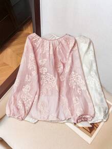 INAWLY 女士两件套休闲套装：粉色提花长袖纽扣衬衫 - 彩色 - 查看 2
