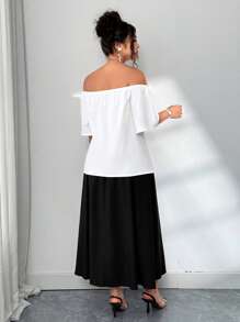 Elenzga Plus Size Women's Elegant Off-Shoulder Blouse, Floral 3D Decor Color Block Skirt 2 Pieces Set - Black and White - View 2