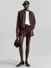 Ontre 2025 Automne/Hiver Tenue de bureau pour femmes, Tenue d'invitée de mariage, Anniversaire, Uniforme d'enseignante, Tenue de club, Automne/Hiver, Short  vintage style décontracté chic pour femmes, Taille haute, Couleur unie - Taupe - Voir 7